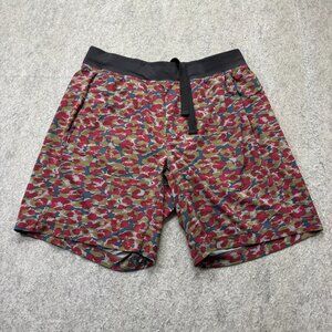 Lululemon The Assert Shorts Men L Red Green Blue Abstract 9" Stretch Linerless